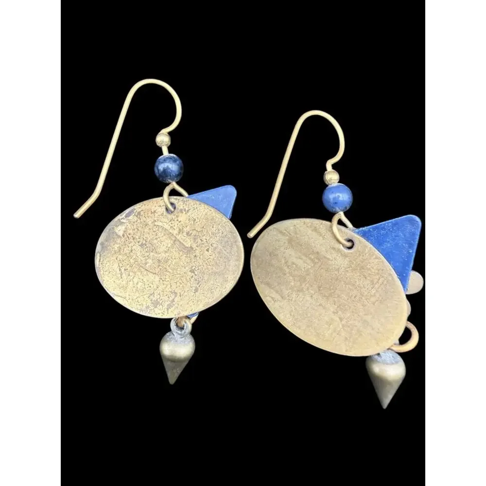 Vintage Blue & Gold Floral Triangle Motif Drop Earrings